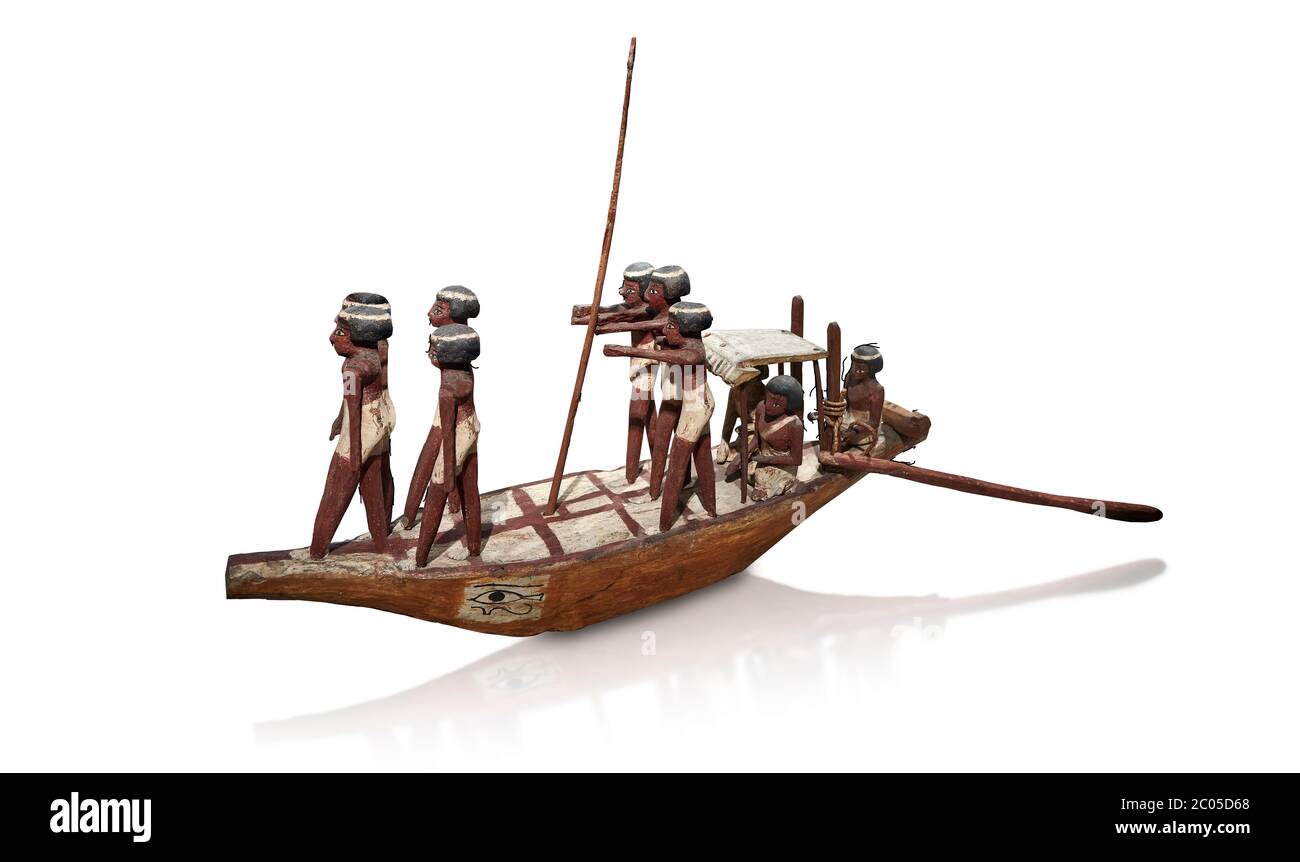 Ancient Egyptian wooden model boat from tomb of Shemes,  Middle Kingdom (1980-1700 BC), Asyut. Egyptian Museum, Turin.  white background  In 1908 in A Stock Photo