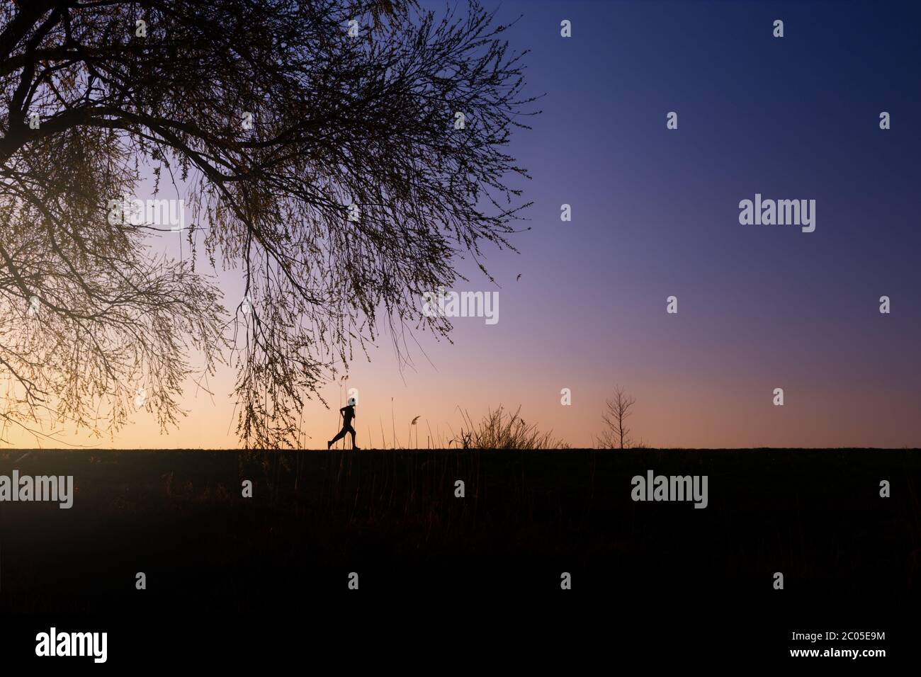 Boy or male man runs at sunset to stay healthy, healthy lifestyle, sport concept, calm and warm evening Landscape with blue and orange colors Stock Photo