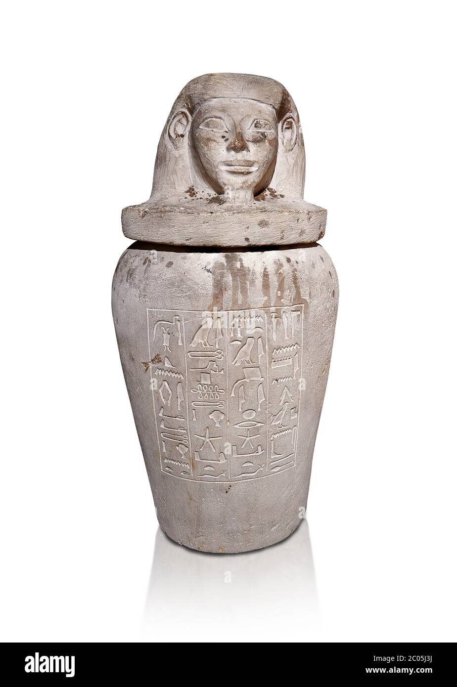 Ancient Egyptian Imesty or Amset Canopic Jar,  New Kingdom,  Egyptian Museum, Turin. White background  The canopic jars were four in number, each for Stock Photo