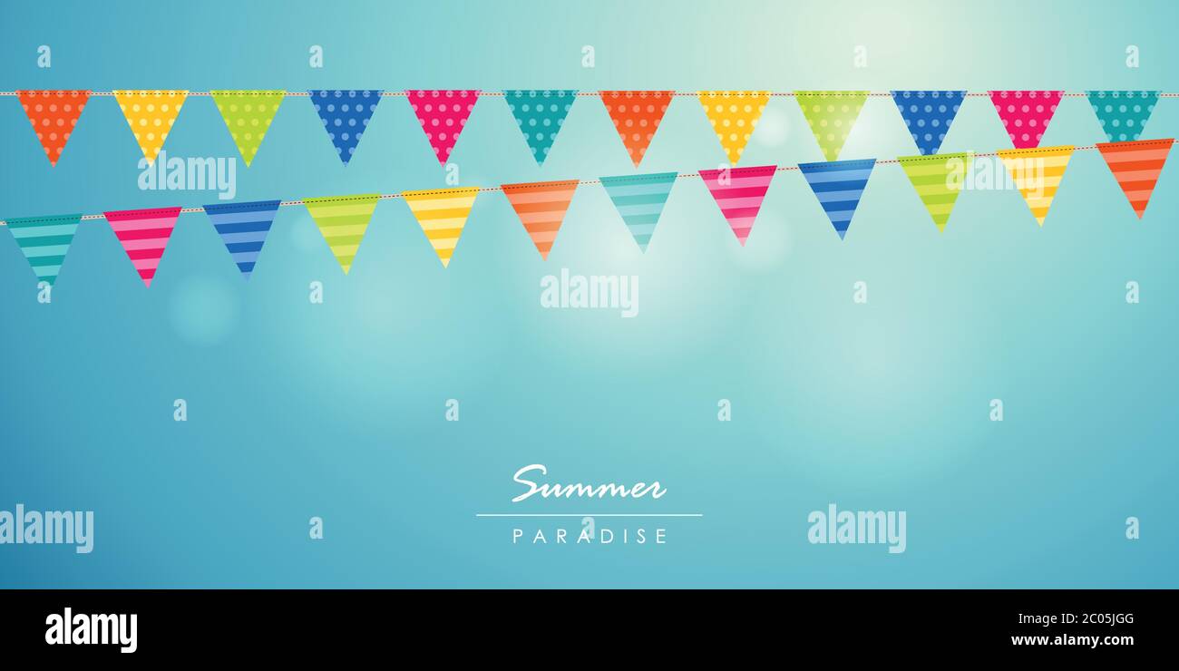 summer time blue sky background with colorful party flag vector illustration EPS10 Stock Vector