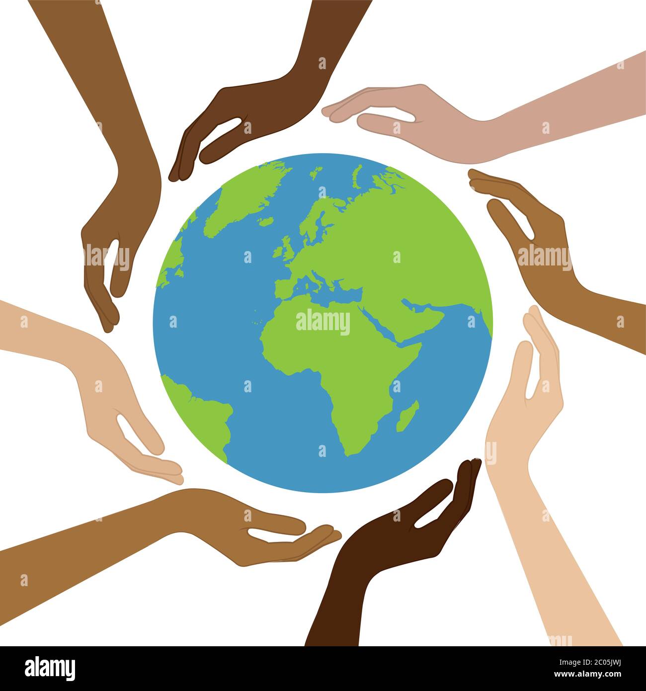 planet earth in the middle of human hands with different skin colors ...
