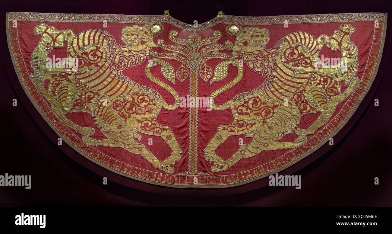 Royal mantle of Roger II of Sicily, Imperial Treasury, Vienna, in the Hofburg Palace. Stock Photo