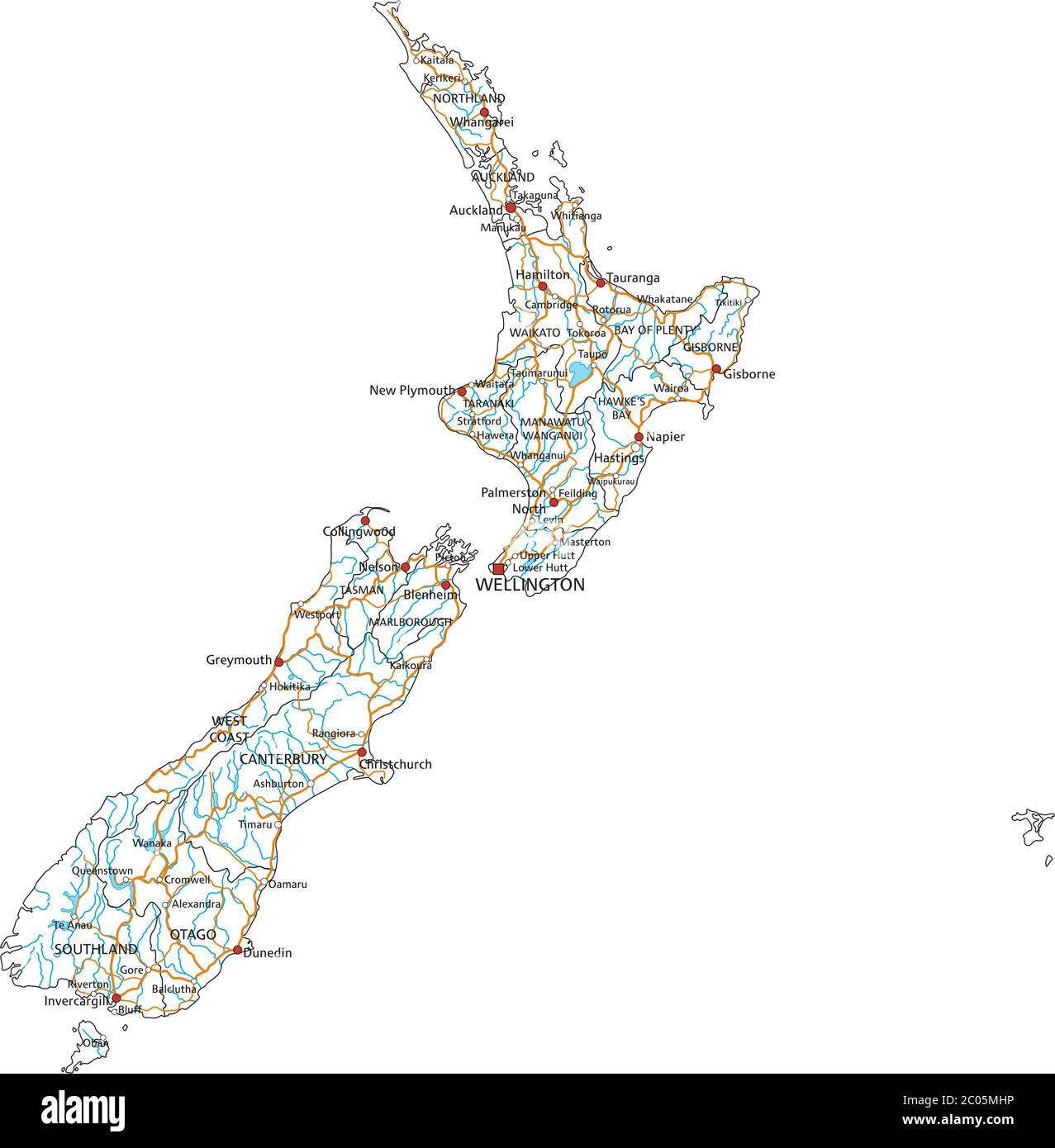 High detailed New Zealand road map with labeling. Stock Vector