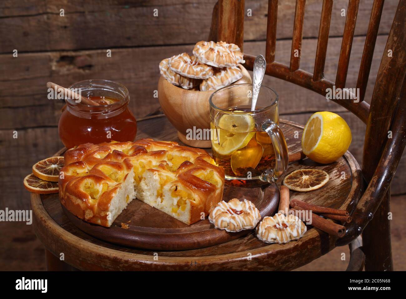 Pie with a stuffing from peaches, tea and honey Stock Photo