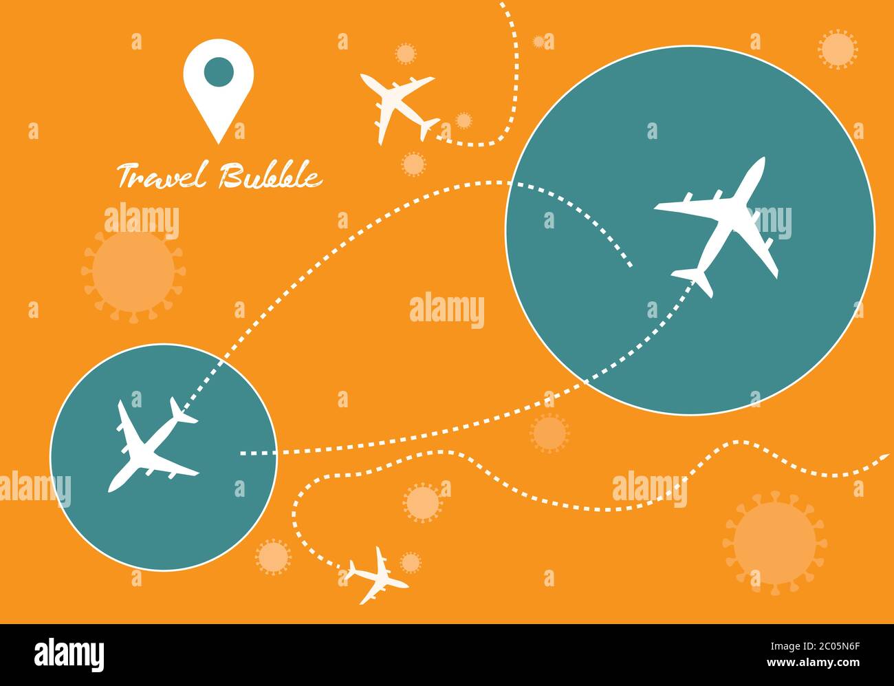 Bubble travel in bubble circle and airplane icon yellow background graphic vector art Stock Vector