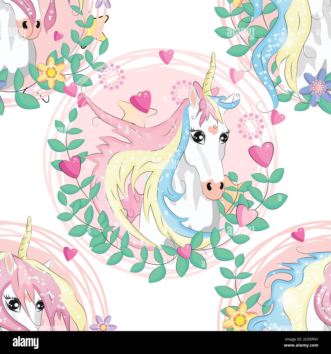 seamless pattern with cute unicorns, clouds,rainbow and stars. Magic ...