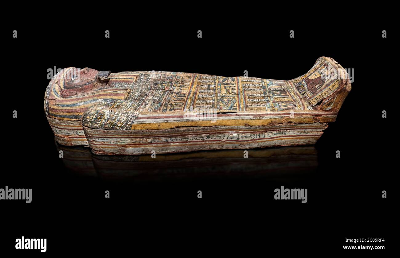 Ancient Egyptian wooden sarcophagus - the tomb of Tagiaset, Iuefdi, Harwa circa 7th cent BC - Thebes Necropolis. Egyptian Museum, Turin. black backgro Stock Photo