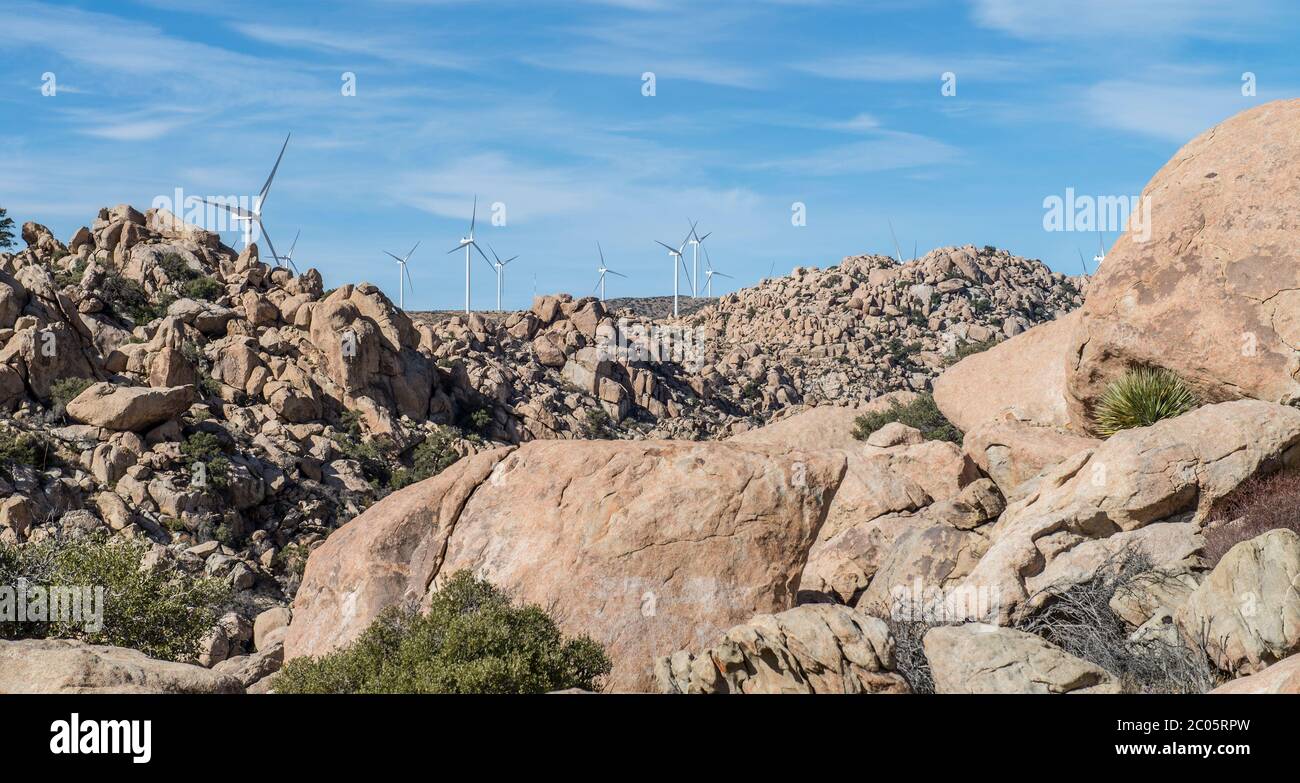 Eolic turbines from a power electric wind farm on the mountains of La Rumorosa, Baja California. MEXICO Clean energy concept Stock Photo