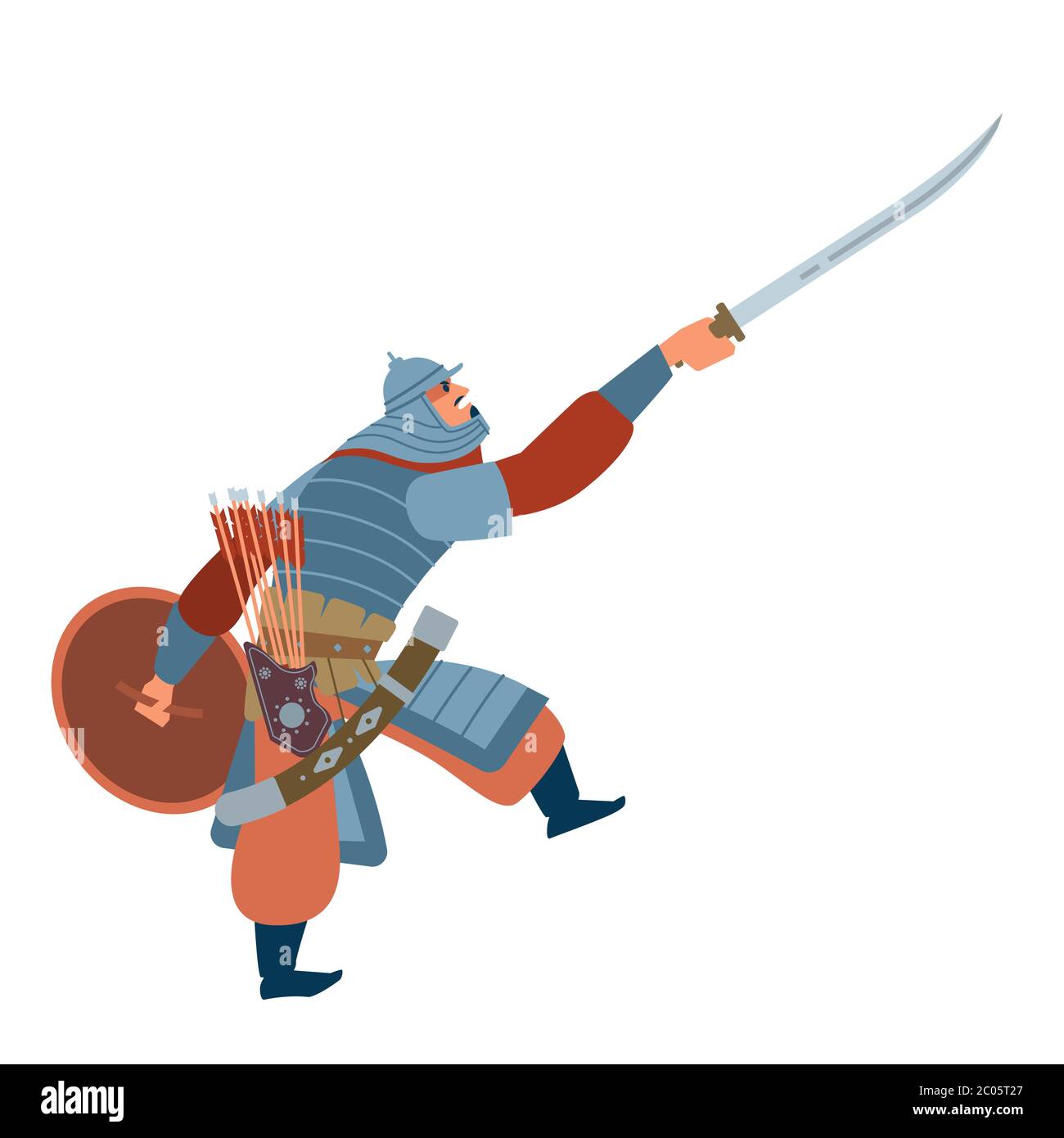 Nomad mongol man in steppe holding sword attacking. Central Asian warrior, attack in battle. Isolated vector illustration in flat cartoon style. Stock Vector