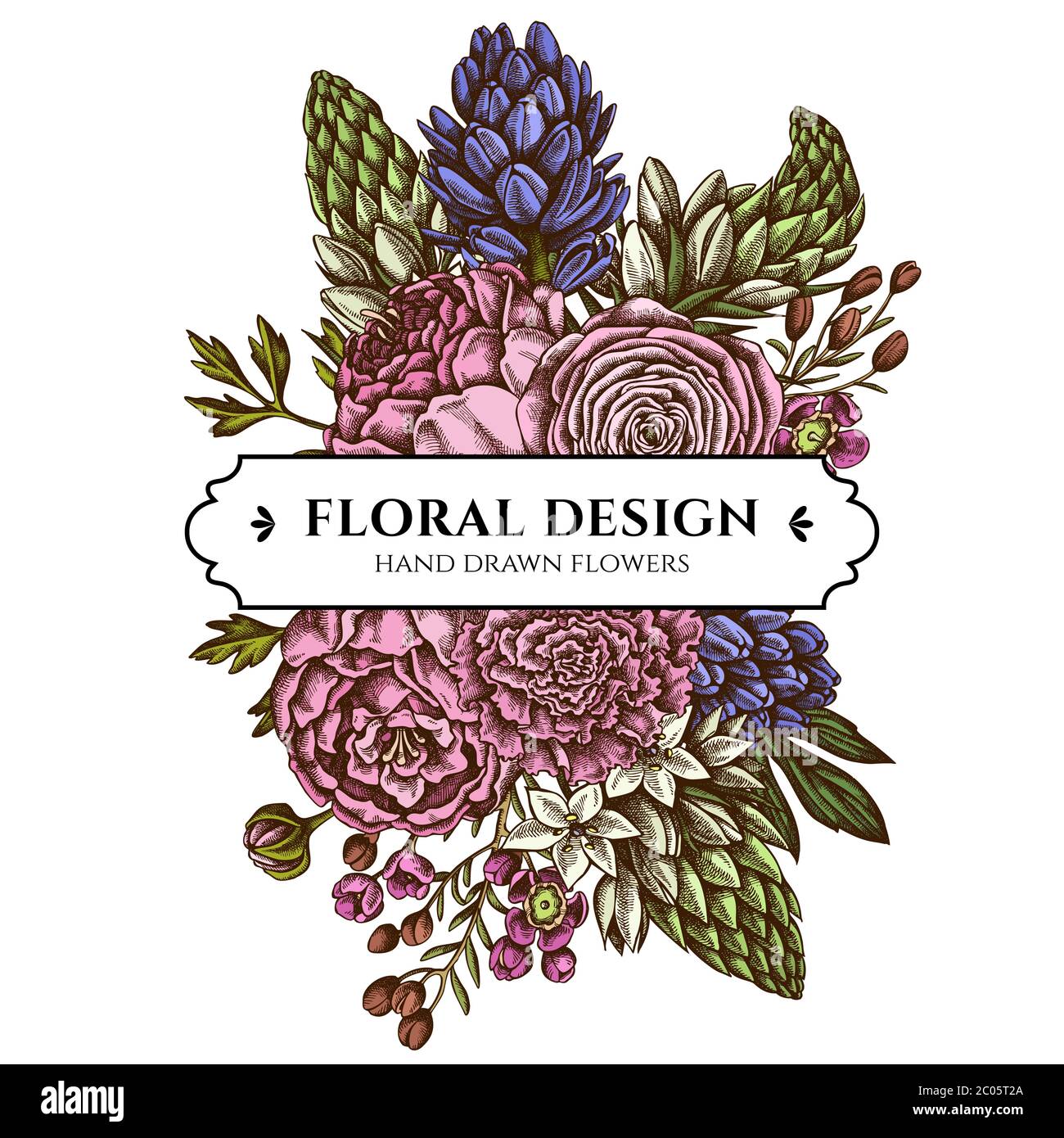 Floral bouquet design with colored peony, carnation, ranunculus, wax flower, ornithogalum, hyacinth Stock Vector