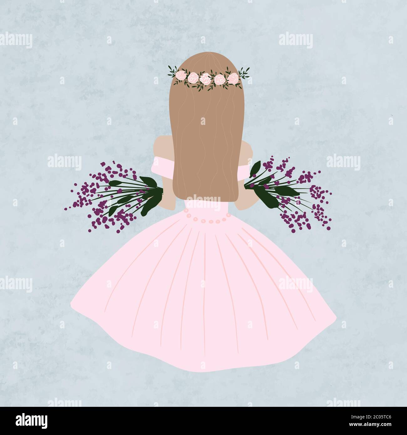 Hand drawn young beautiful girl with flower wreath from the back. Stock Vector