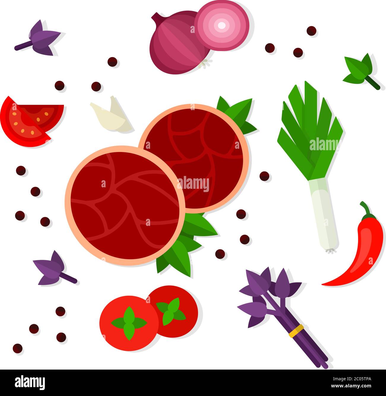 Meat pieces with herbs and vegetables vector flat isolated Stock Vector