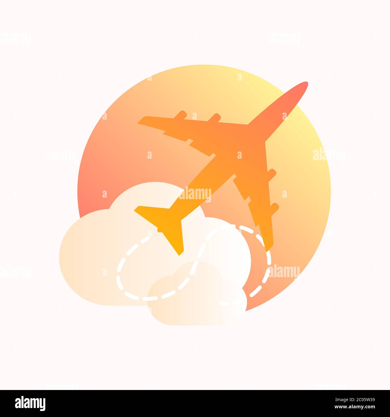 Flat vector art of a plane silhouette in the sky over a sun and clouds in warm red, yellow and orange colors. Great for travel and vacations advert. Stock Vector