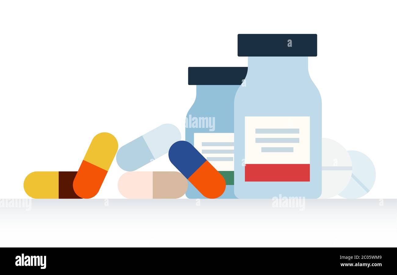 Medicine bottles, tablets, pills in glass jars flat design vector