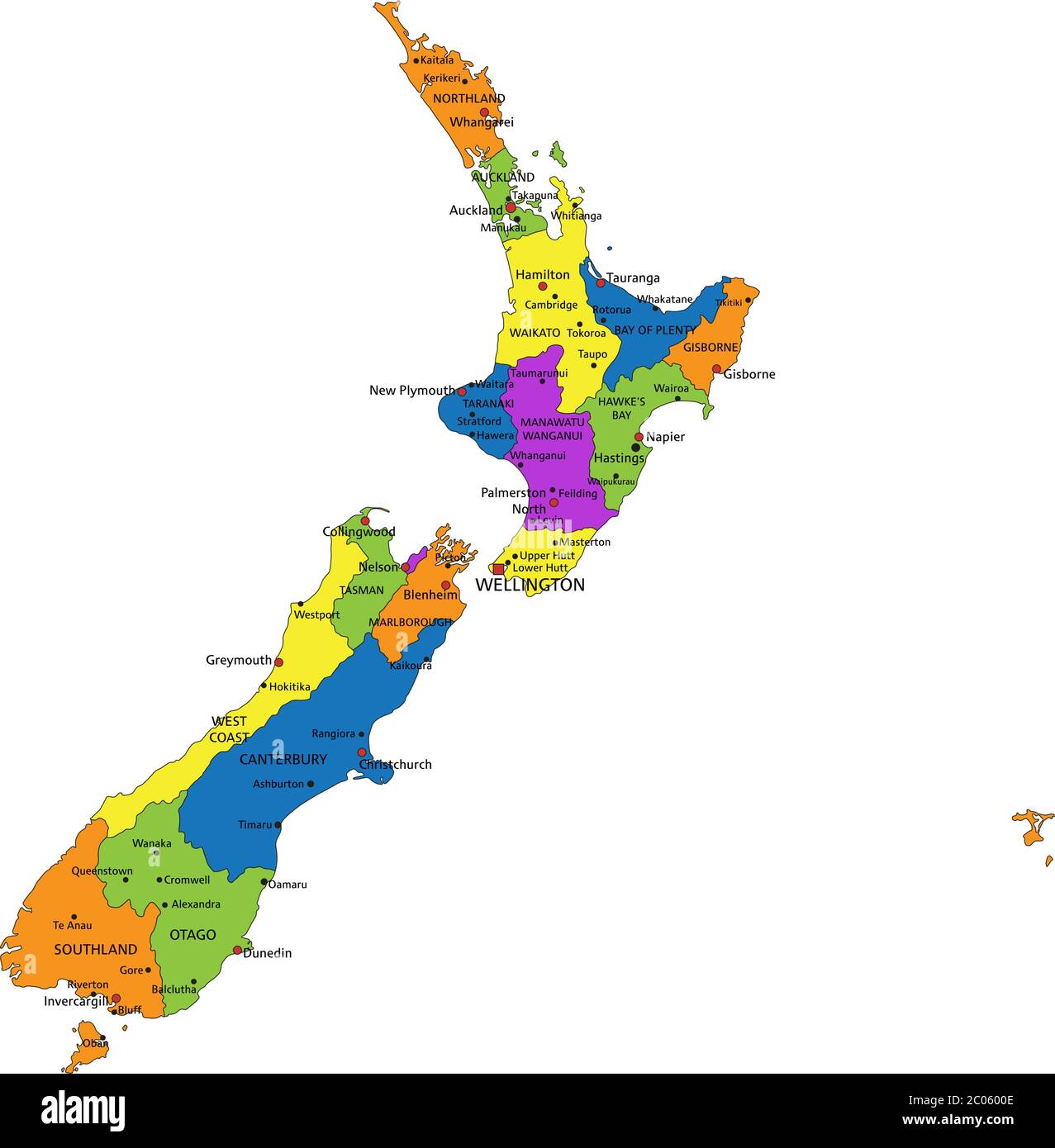 Colorful New Zealand political map with clearly labeled, separated layers. Vector illustration. Stock Vector