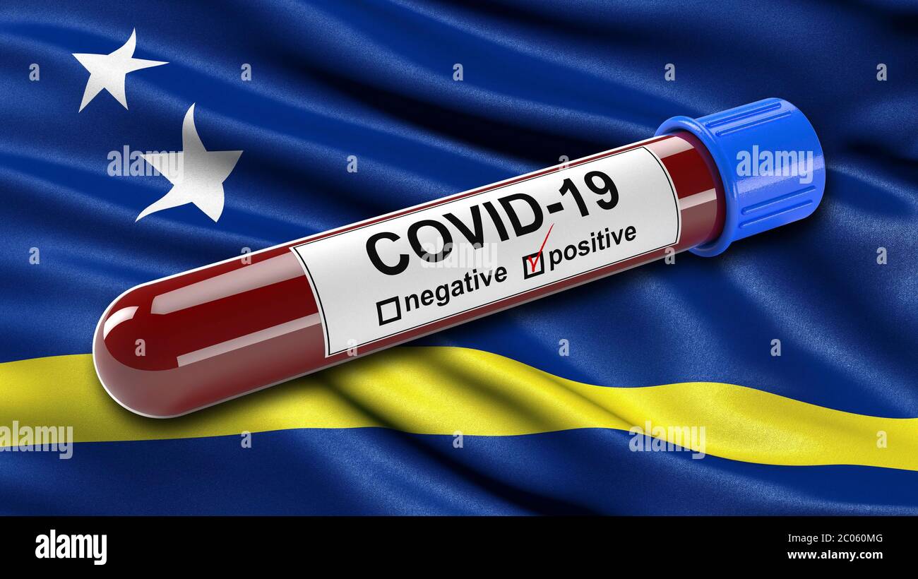 Flag of Curacao waving in the wind with a positive Covid-19 blood test tube, 3D illustration concept for blood tests to diagnose the new corona virus Stock Photo