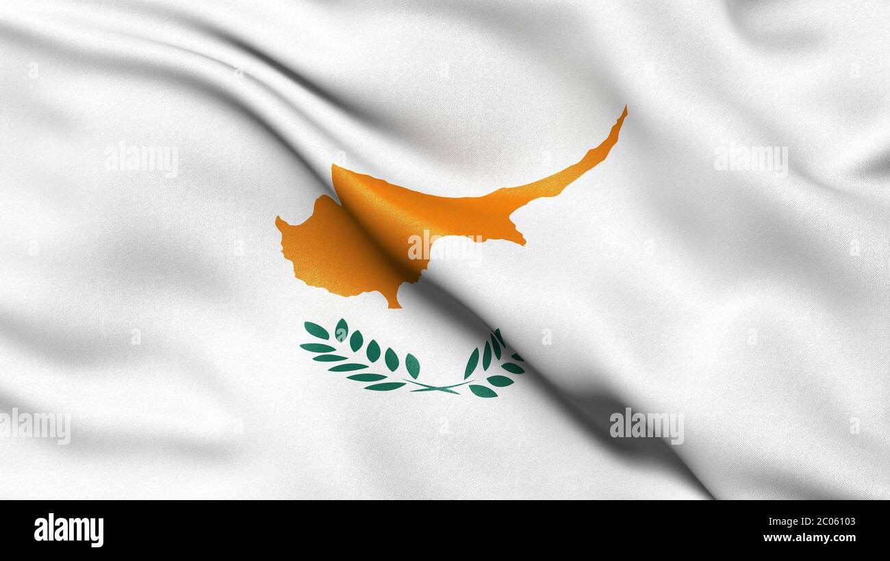 3D representation of the Cypriot flag waving in the wind, Republic of Cyprus Stock Photo