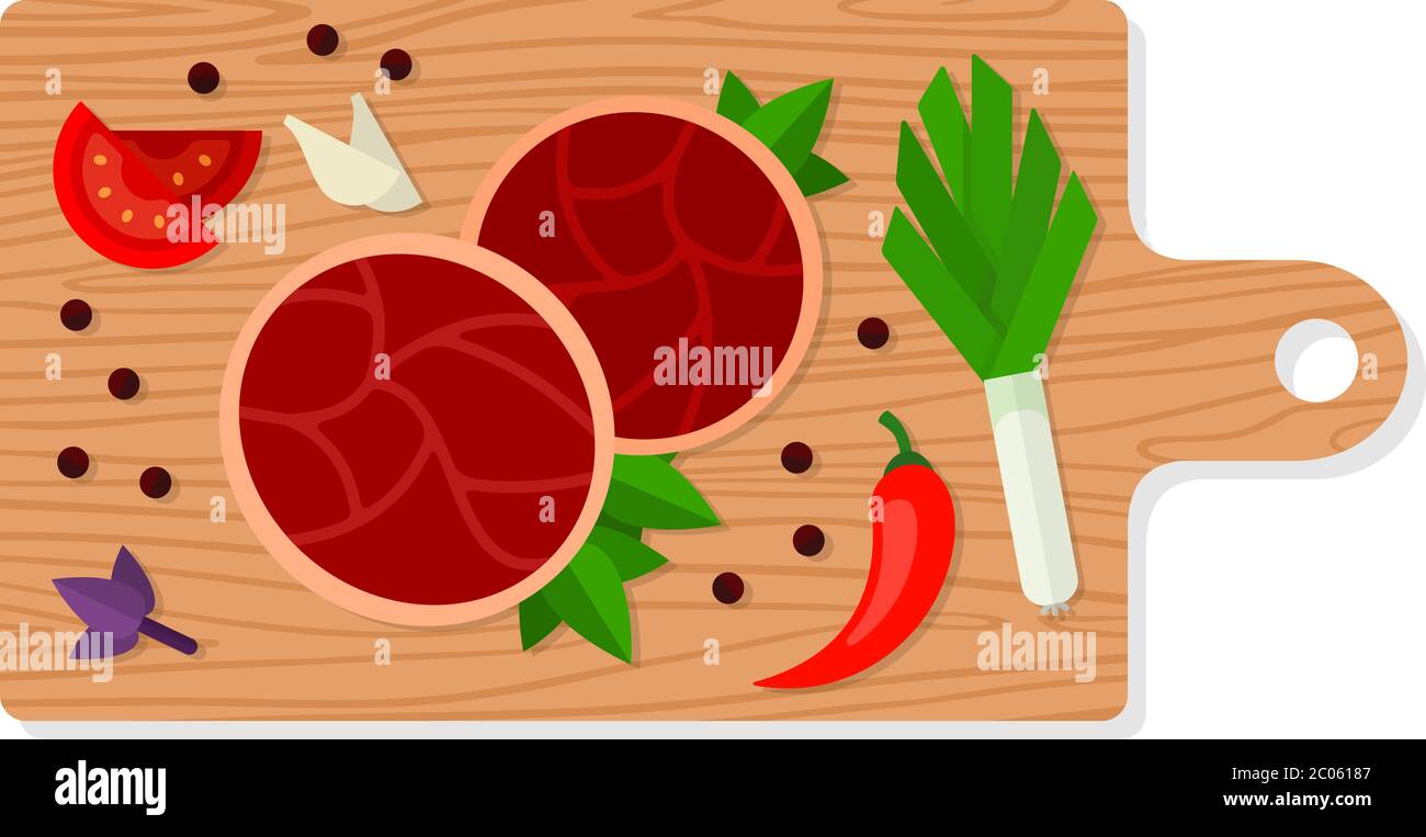 Meat and vegetables on a cutting board vector flat isolated Stock Vector