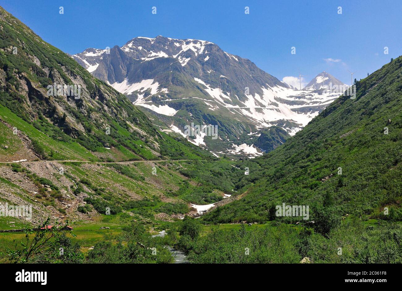 Pass road to Nufenen Pass, Ulrichen, Lepontine Alps, Canton Valais, Switzerland Stock Photo