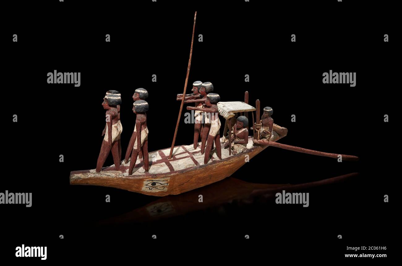 Ancient Egyptian wooden model boat from tomb of Shemes, Middle Kingdom (19801700 BC), Asyut