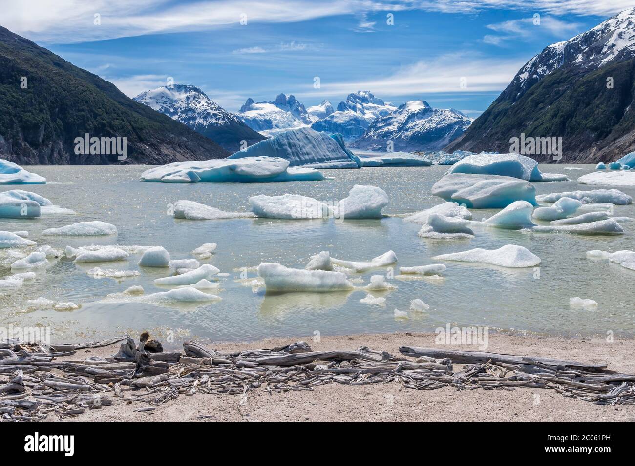 Glacial lake with small icebergs floating, Laguna San Rafael National Park, Aysen Region, Patagonia, Chile Stock Photo