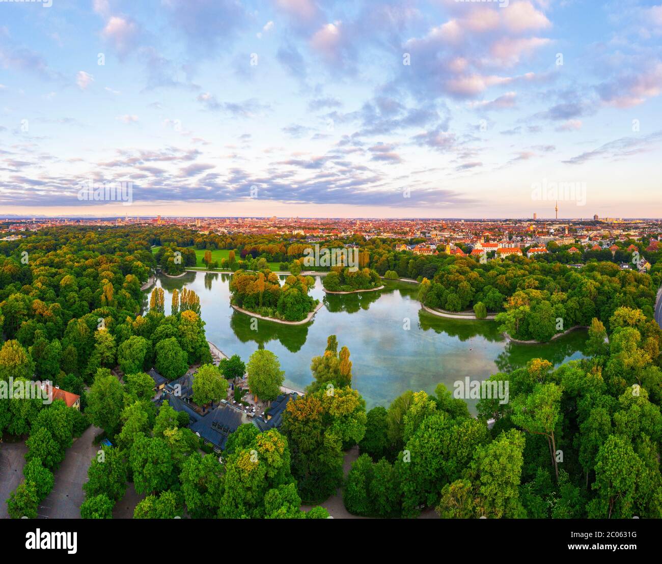 Restaurant Seehaus am Kleinhesseloher See, English Garden, View over the city centre and Schwabing in the morning light, Munich, Aerial view, Upper Stock Photo