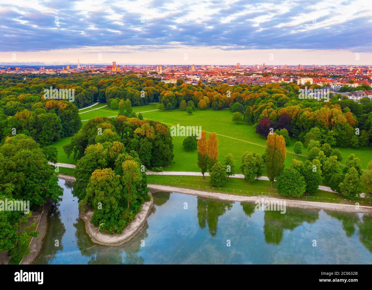 Kleinhesseloher See, English Garden, view over the old town and Maxvorstadt in the morning light, Munich, aerial view, Upper Bavaria, Bavaria, Germany Stock Photo