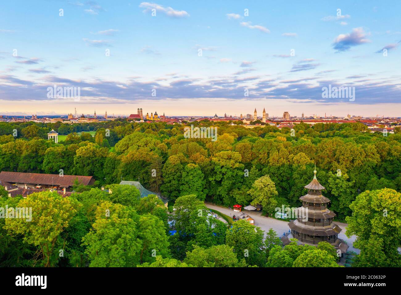 Chinese tower, English garden, view over the old town and Maxvorstadt in the morning light, Munich, aerial view, Upper Bavaria, Bavaria, Germany Stock Photo