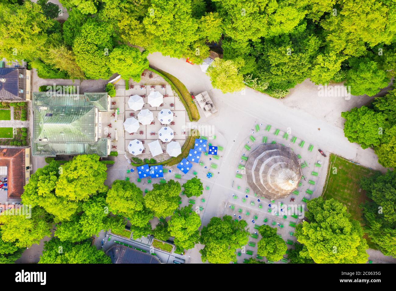 Chinese tower with beer garden from above, English garden, Munich, aerial view, Upper Bavaria, Bavaria, Germany Stock Photo