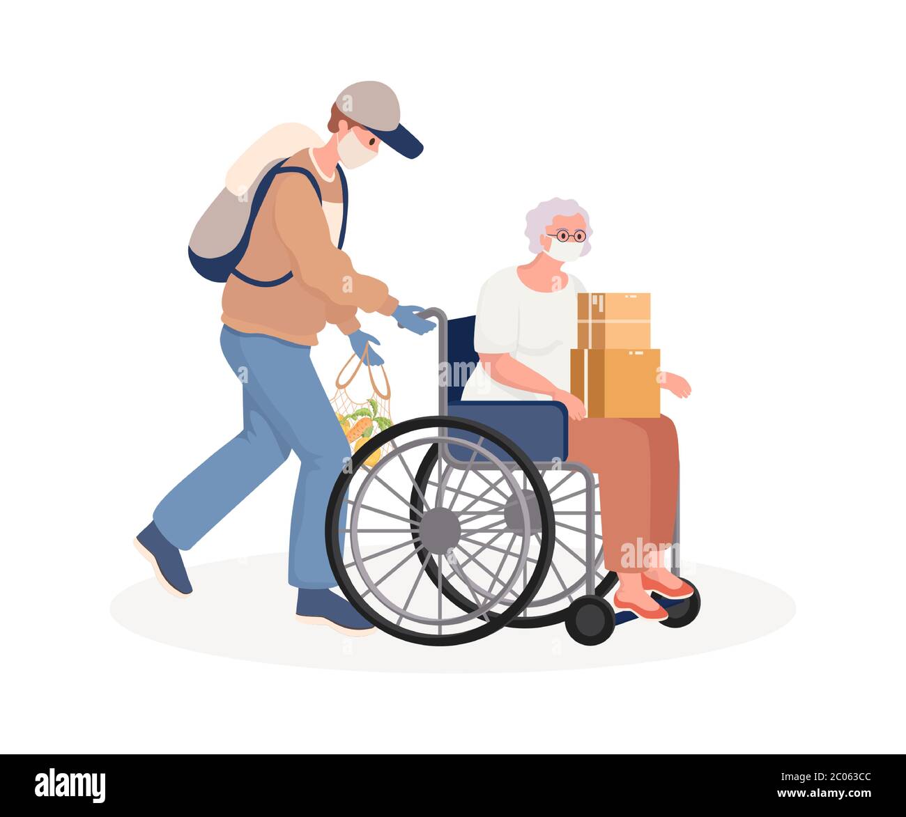 Young man supporting and caring disabled old woman on wheelchair vector flat cartoon illustration. Volunteer helping with shopping and taking care of senior woman at risk during coronavirus outbreak. Stock Vector