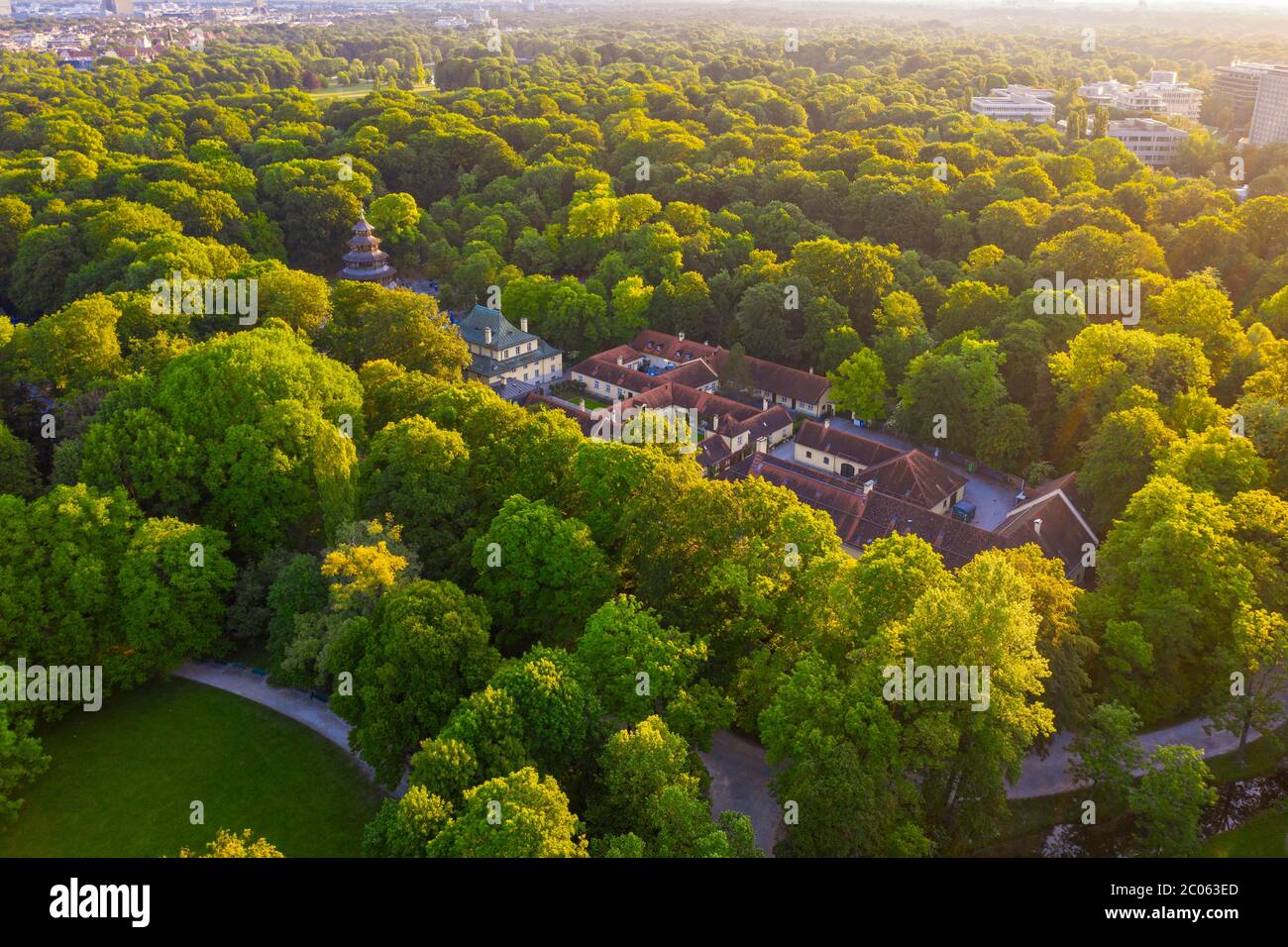 Chinese Tower and Economy Building, English Garden, Munich, aerial view, Upper Bavaria, Bavaria, Germany Stock Photo