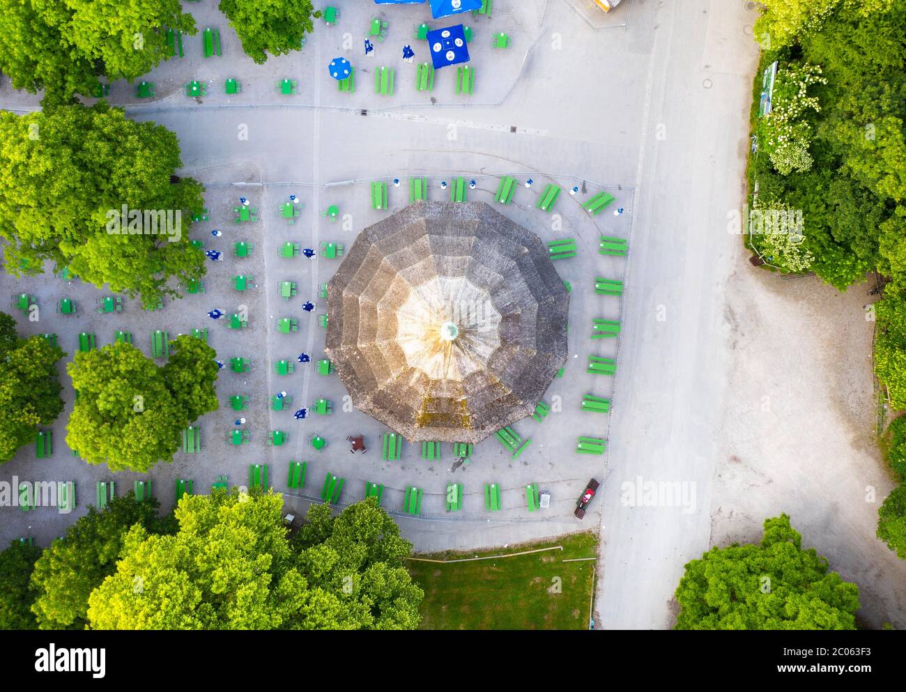 Chinese tower with beer garden from above, English garden, Munich, aerial view, Upper Bavaria, Bavaria, Germany Stock Photo