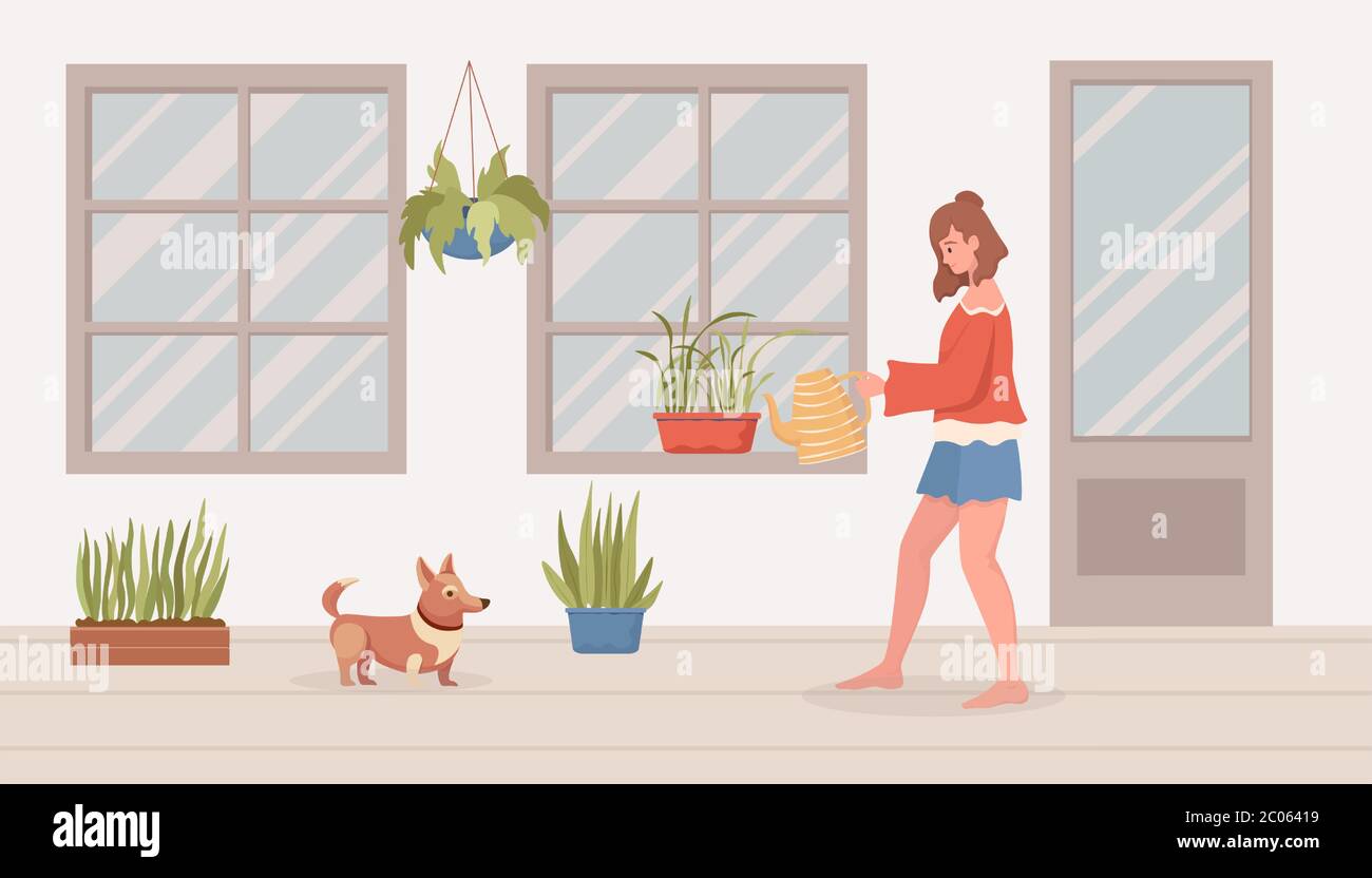 Young smiling woman in comfortable clothes holding watering can and watering house plants on balcony or in the room. Modern interior, pet dog, flowers in pots vector flat cartoon illustration. Stock Vector