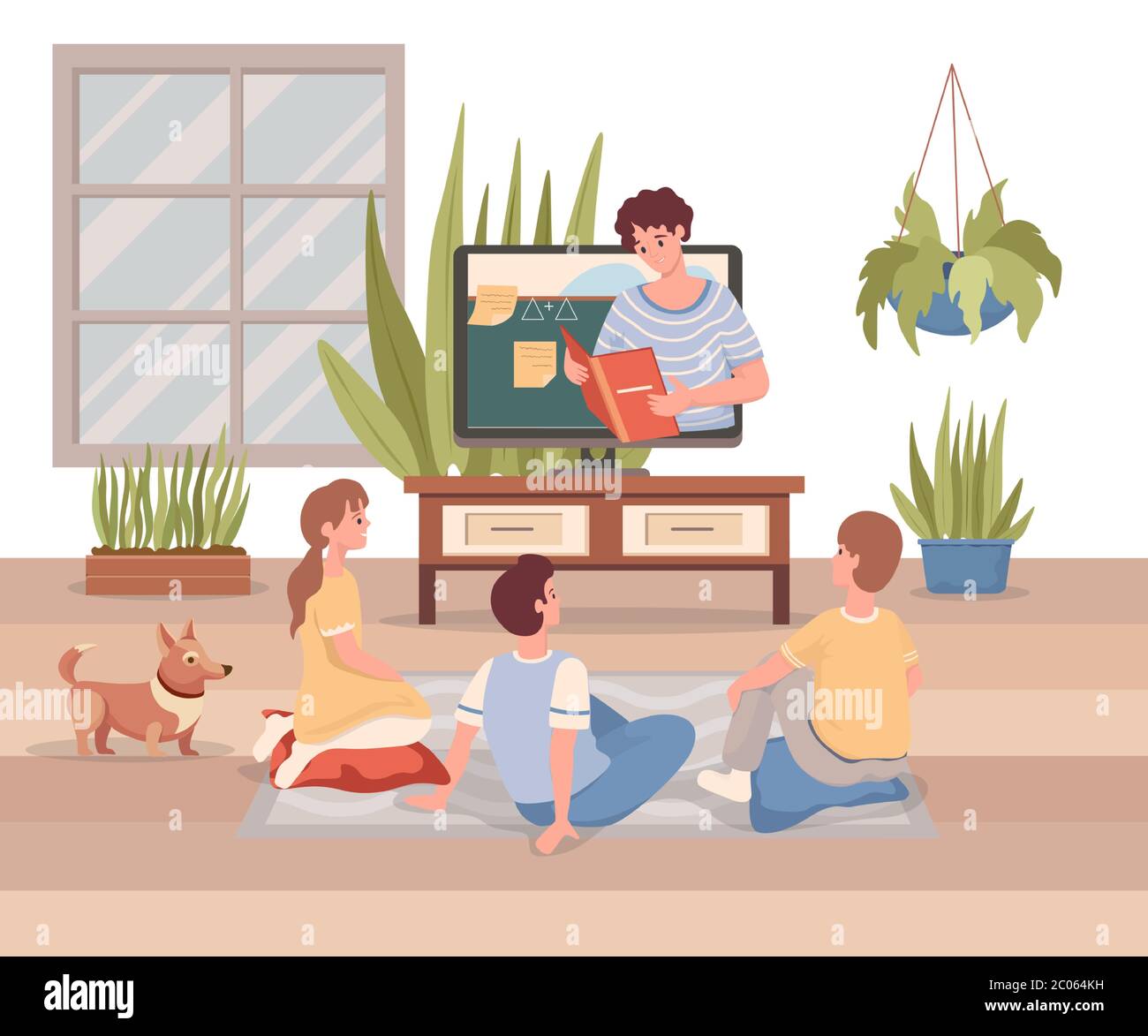 Online education, internet learning vector flat cartoon illustration.  Children sitting at home and listening to video lessons with teacher.  Distant learning during coronavirus outbreak and quarantine Stock Vector  Image & Art -