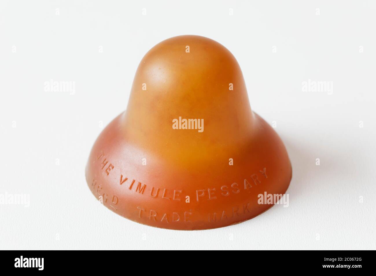 Cervical cap, mechanical means of contraception, contraception, birth control in woman, inscription The Vimule Pessary, registered trade mark Stock Photo