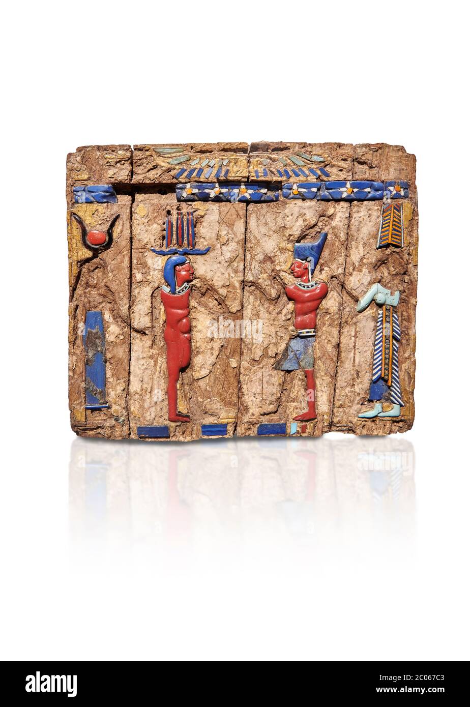 Ancient Egyptian fragments of a small wooded glass inlayed box depicting Egyptian Pharaohs , Ptolemaic Period, (322-30BC) BC, Tebtynis. Egyptian Museu Stock Photo