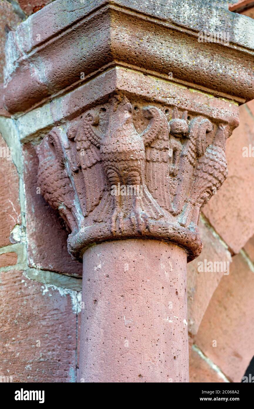 Column capitals with imperial eagle, medieval castle ruins, imperial palace of Emperor Frederick I Barbarossa, Stauferpfalz, Barbarossaburg Stock Photo