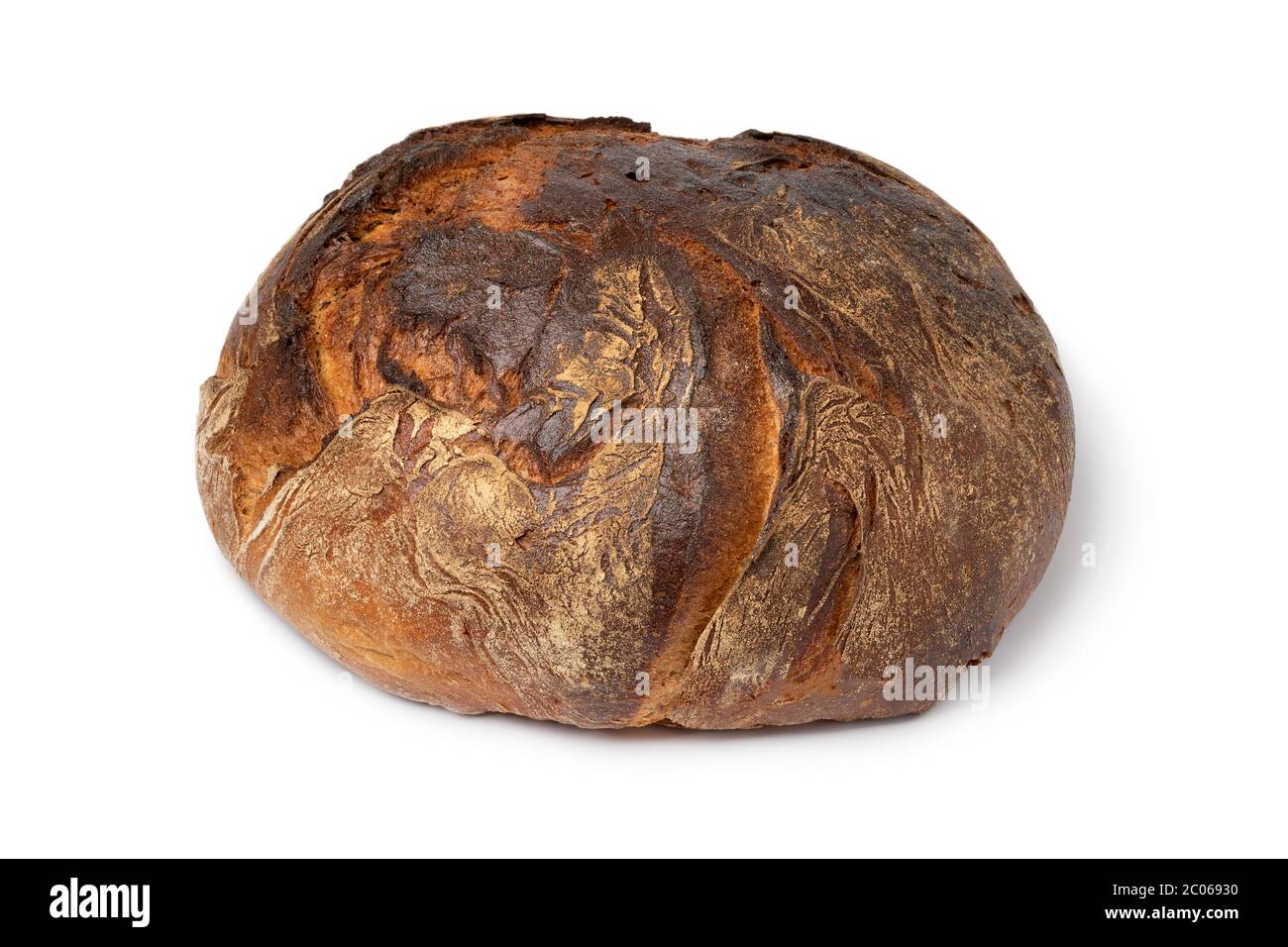 Fresh baked traditional whole white German farmers bread isolated on white background Stock Photo