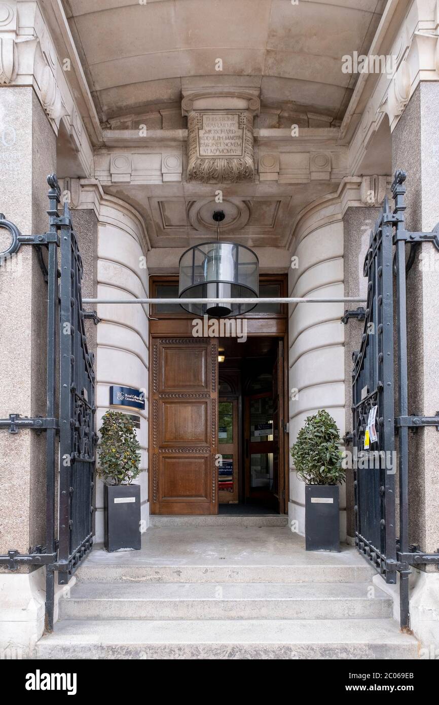 Entrance to the Royal College of General Practitioners at 30 Euston Square, London, the professional membership body for family doctors in the UK. Stock Photo