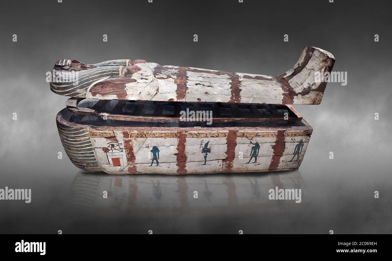 Ancient Egyptian wooden sarcophagus - the coffin of Puia circa 1800BC - Thebes Necropolis. Egyptian Museum, Turin. Grey background  From about 100BC ' Stock Photo