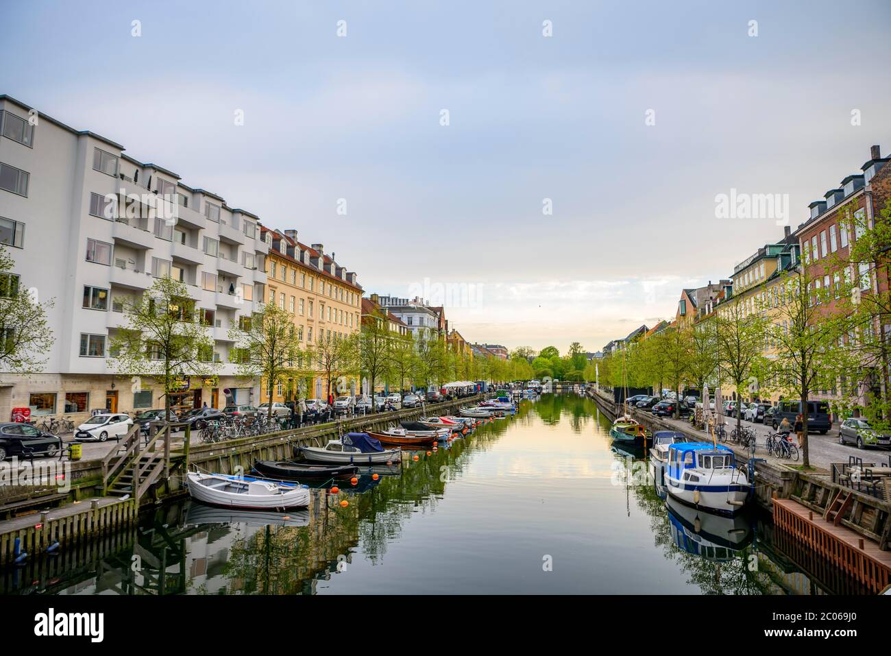 Houses on a canal with boats, Christianshavn, Copenhagen, Denmark Stock Photo