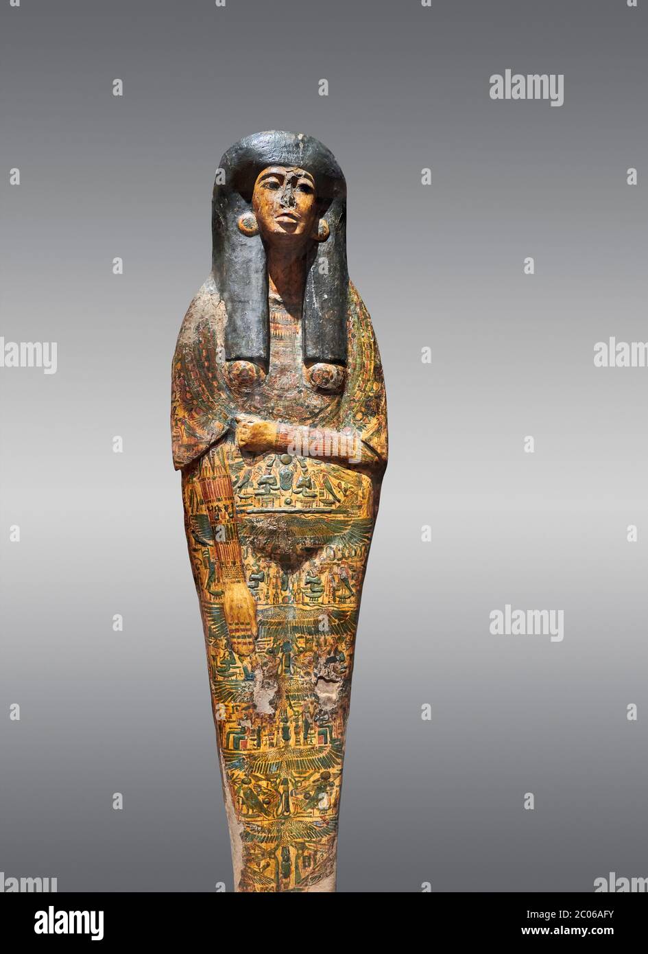 Ancient Egyptian Sarcophagus coffin of Tamutmutef, chantress of Amun, 18th Dynasty, (1550 to 1292 BC), Thebes. Egyptian Museum, Turin. Grey background Stock Photo