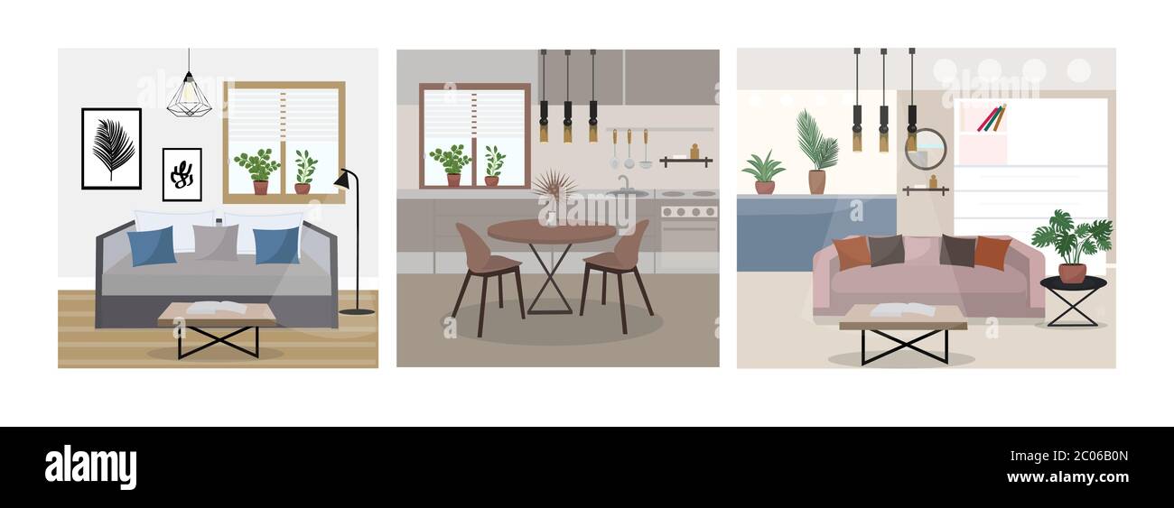 Modern trendy interior design flat style set. Bedroom, living room ...