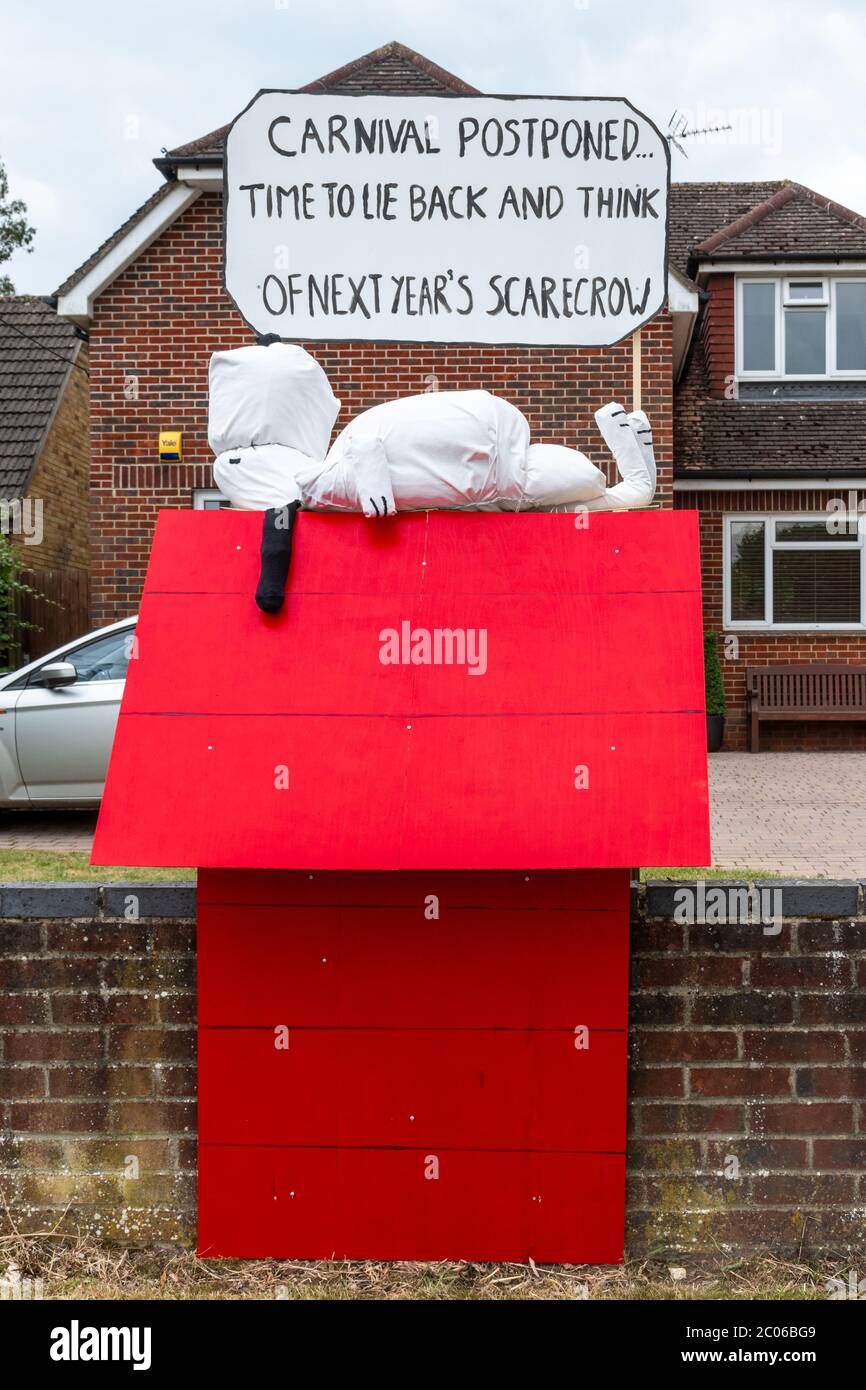 Scarecrow trail or festival, part of Old Basing carnival celebrations, Hampshire, UK. The carnival has been postponed due to the coronavirus pandemic. Stock Photo