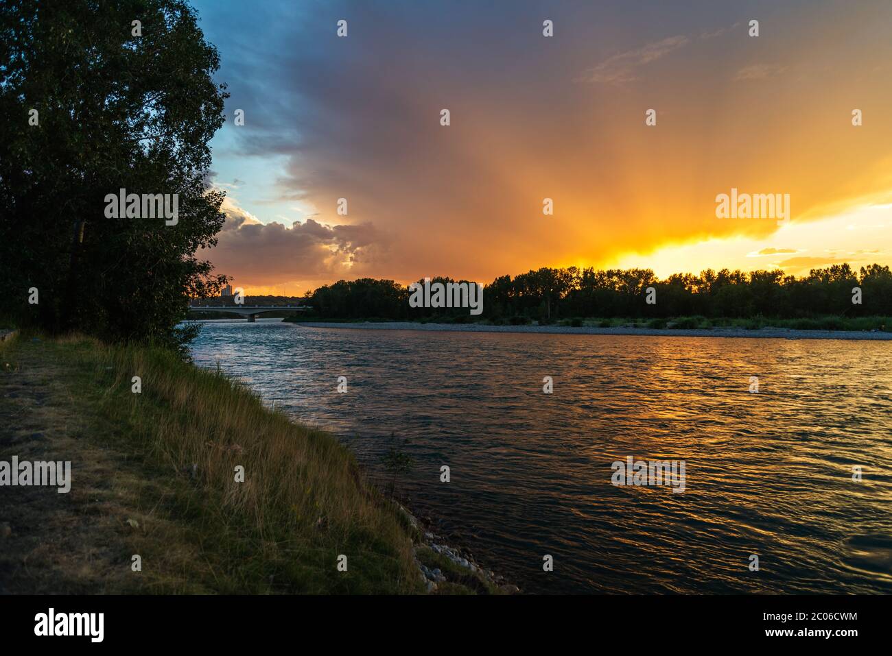 landscape around the Bow River in Calgary neighborhood, Alberta, Canada ...
