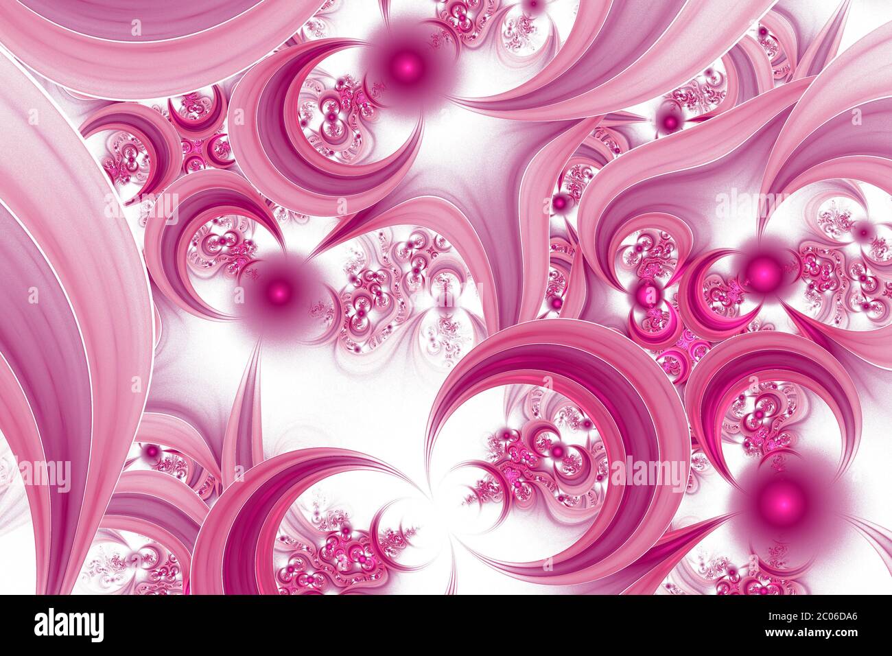 Pattern from pink shone spheres and curves. On white background. Computer generated graphics. Stock Photo