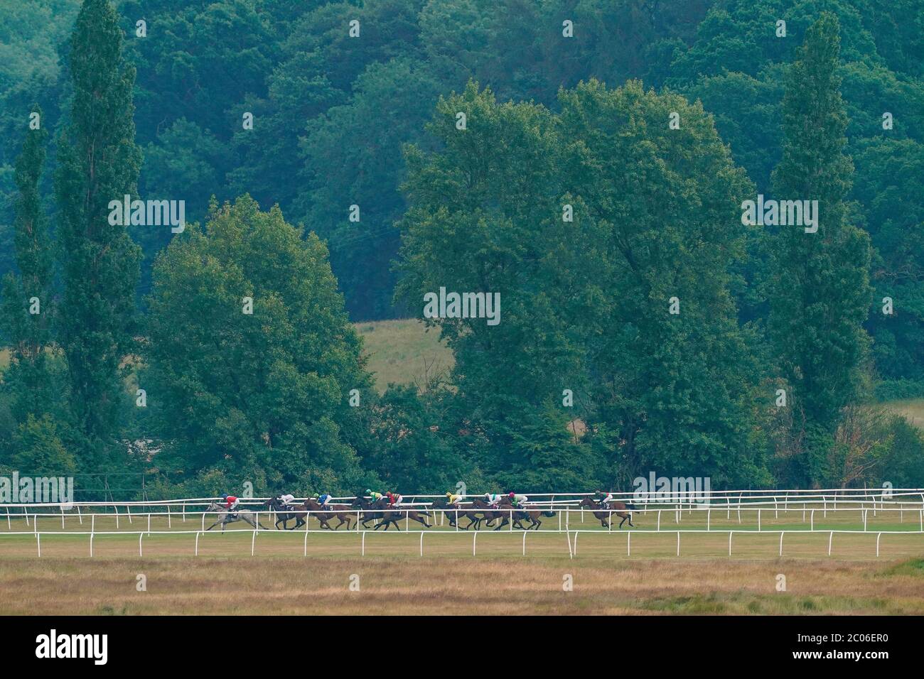 A general view as runners during The MansionBet Proud To Support British Racing Median Auction Maiden Stakes at Newbury Racecourse. Stock Photo