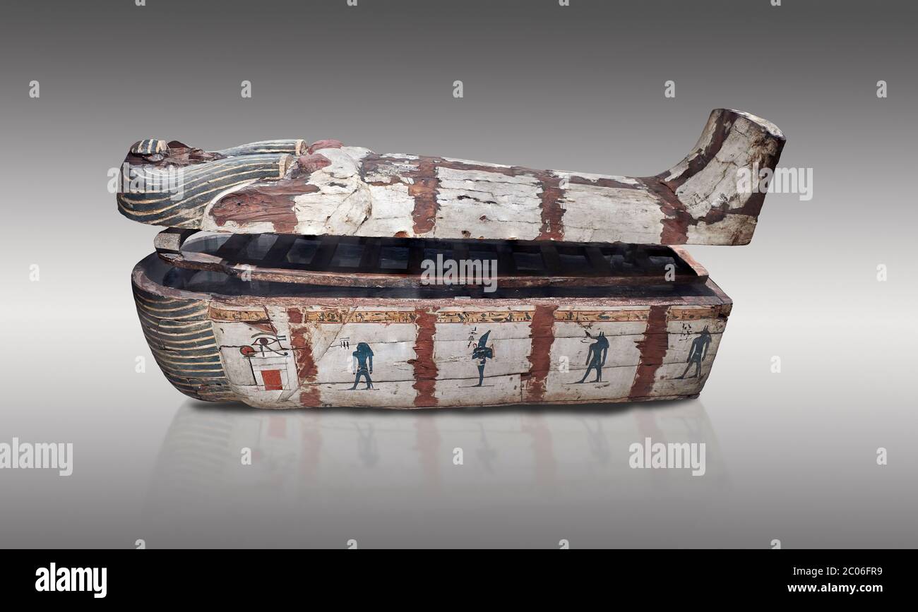 Ancient Egyptian wooden sarcophagus - the coffin of Puia circa 1800BC - Thebes Necropolis. Egyptian Museum, Turin. Grey background  From about 100BC ' Stock Photo
