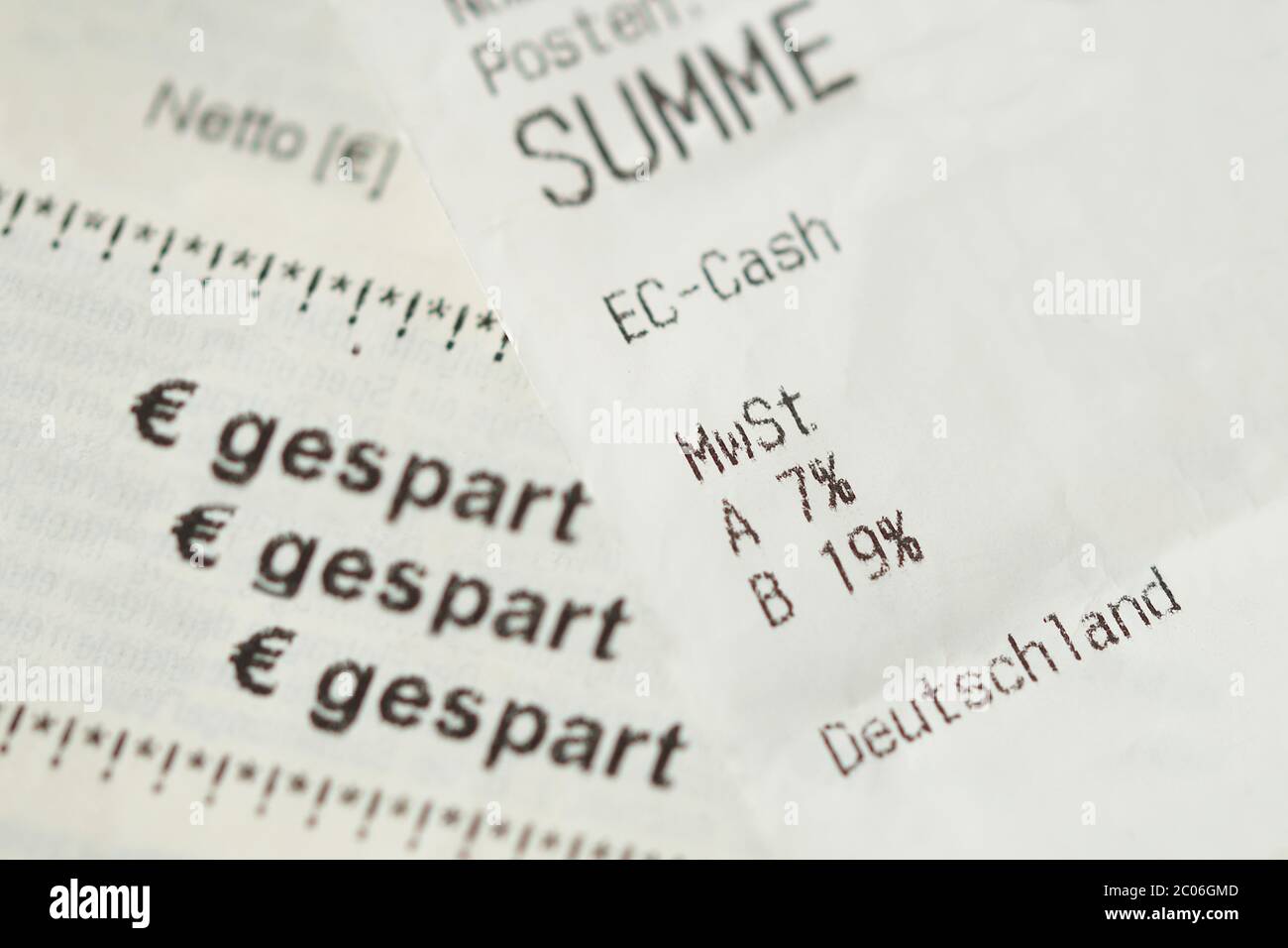 german cash sales receipt. Invoice with vat tax value. VAT rate from 19 percent to 16% and from 7 percent to 5%. financial / invoice - deutschland Stock Photo