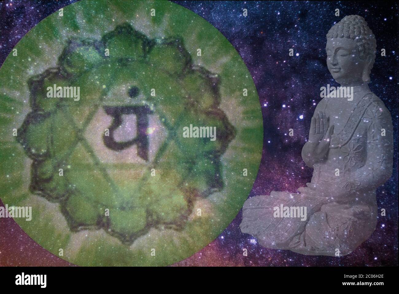 Anahata chakra's symbol and a buddha with a cosmic background Stock Photo
